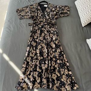 Floral Wrap Dress in Black and Gold